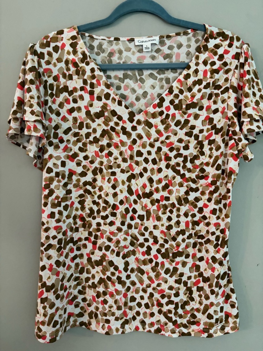Calvin Klein White Top with Brown & Pink Abstract Spots